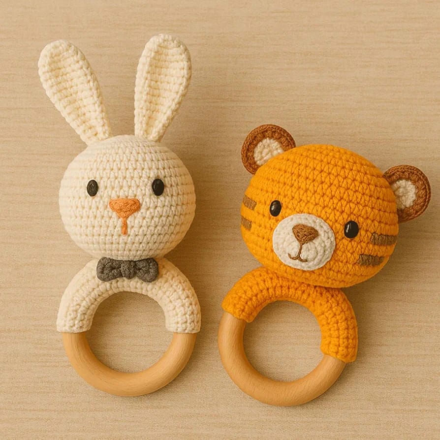 Handmade Crochet Baby Rattles Rabbit & Tiger Combo