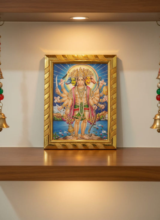 Panchmukhi Hanuman Ji Jari-Coated Photo Frame, Five Faced Hanuman Ji, Ideal for Diwali, Ram Navami, Hanuman Jayanti & Daily Pooja