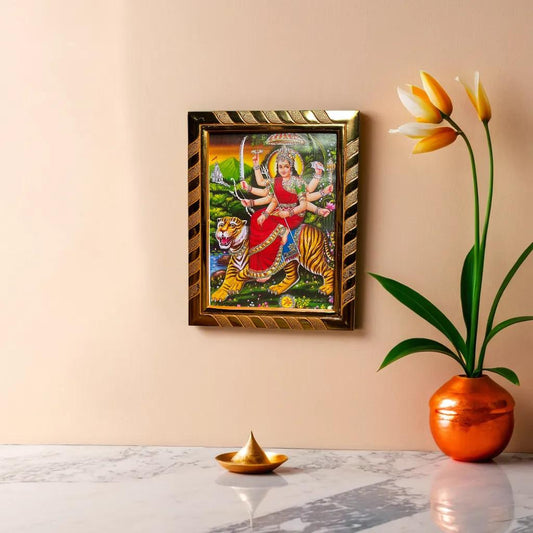 Durga Mata Photo Frame | Sherawali Photo Frame | Mata Rani Photo for Daily Pooja, Navratri, Diwali & Dhanteras | Golden Border (21x16 cm)