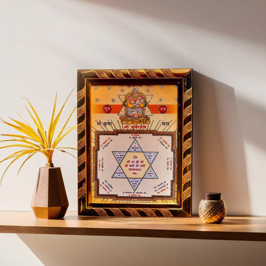 Lord Kuber Yantra Jari-Coated Photo Frame | Hindu Religious Wall Decor, Wealth & Prosperity Yantra for Puja (16 x 21) Cm