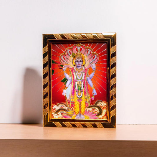 Lord Vishnu Religious Photo Frame | Acrylic Laminated | Wall Art for Puja Room, Home Decor & Office | Ideal Spiritual Gift | Golden Jari-Coated (16 x 21) Cm