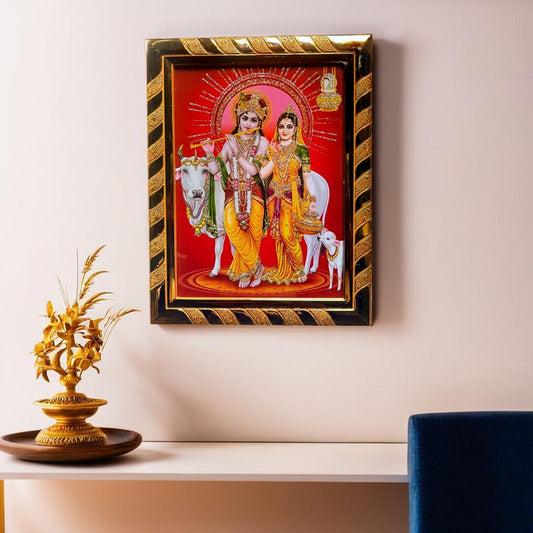 Lord Krishna & Radha Jari-Coated Religious Photo Frame | Symbol of Love & Harmony | Divine Wall Decor for Puja Room & Home (16 x 21) Cm