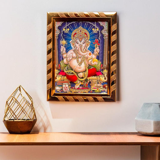 Lord Ganesh Religious Photo Frame | Divine Wall Art for Home and Office | Ideal Spiritual Gift | Decorative Hindu God Picture | Jari-Coated Acrylic Laminated Golden (16 x 21) Cm