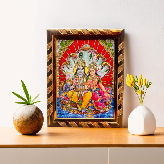 Lord Vishnu and Lakshmi on Sheshnag | Jari-Coated Photo Frame, Religious Wall Decor, Wealth & Prosperity for Puja (16 x 21) Cm