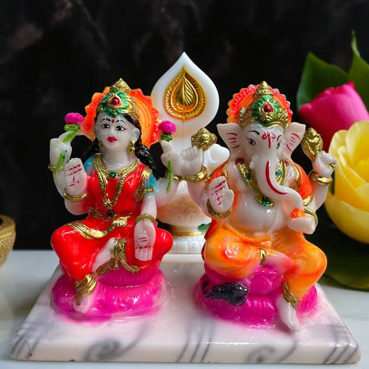 Lakshmi Ganesh Marble Murti | Religious Idol for Home Temple, Diwali, Dhanteras & Festive Pooja | Hand-Painted | Multicolour (16H x 14L x 4W cm)
