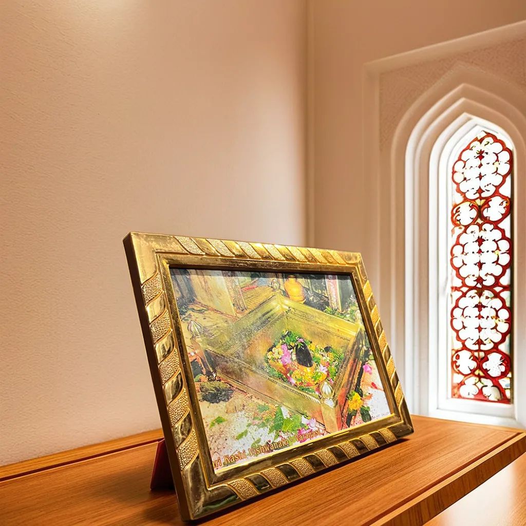 Kashi Vishwanath Shivling Laminated Acrylic Photo Frame with Belpatra for Pooja, Home, Office & Temple Décor (21x16 cm, Multicolour)