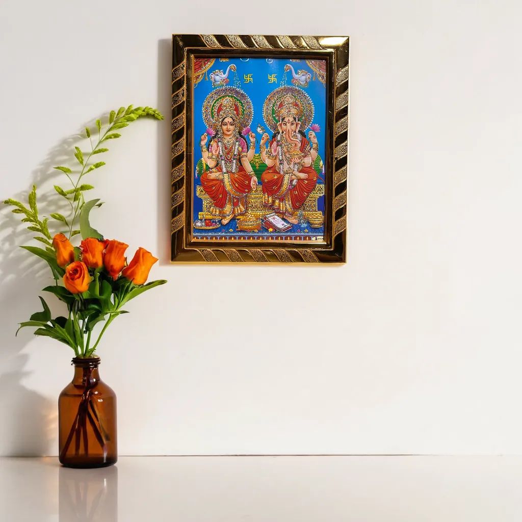 Maa Laxmi Lord Ganesha Jari-Coated Photo Frame, Idol for Navratri, Diwali, Dhanteras, Daily Pooja (16x21 cm) (Blue)