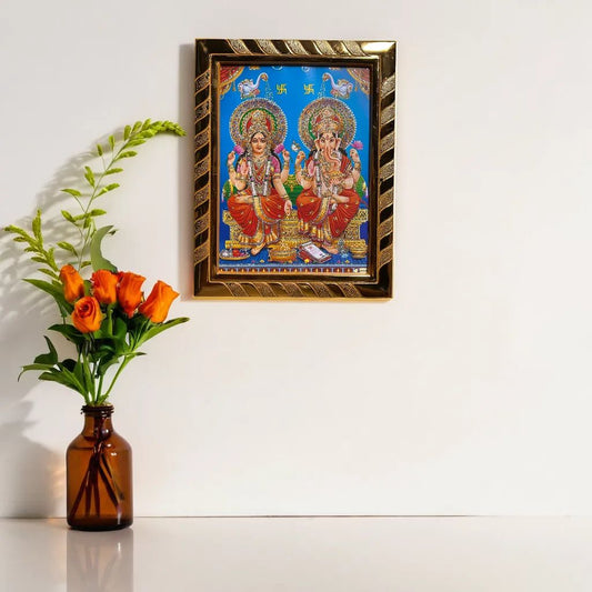 Maa Laxmi Lord Ganesha Jari-Coated Photo Frame, Idol for Navratri, Diwali, Dhanteras, Daily Pooja (16x21 cm) (Blue)