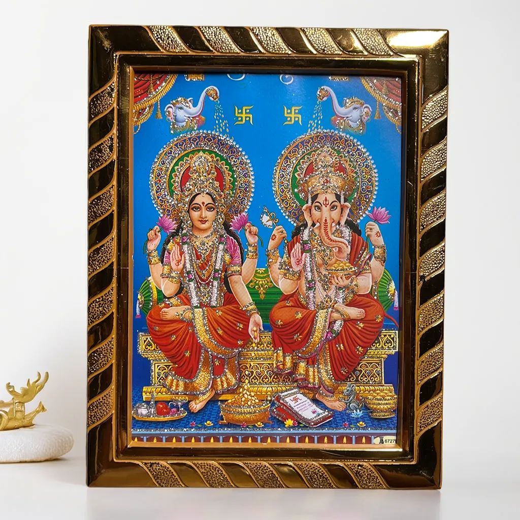 Maa Laxmi Lord Ganesha Jari-Coated Photo Frame, Idol for Navratri, Diwali, Dhanteras, Daily Pooja (16x21 cm) (Blue)
