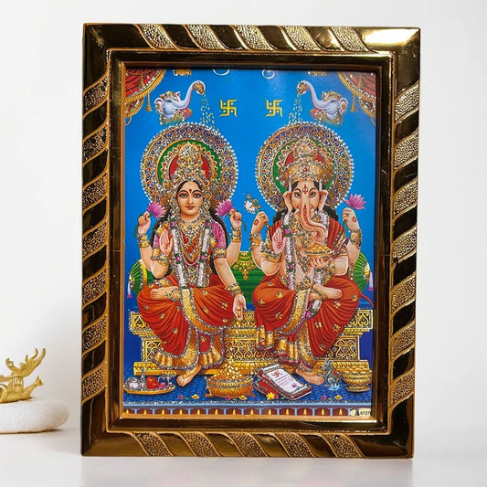 Maa Laxmi Lord Ganesha Jari-Coated Photo Frame, Idol for Navratri, Diwali, Dhanteras, Daily Pooja (16x21 cm) (Blue)