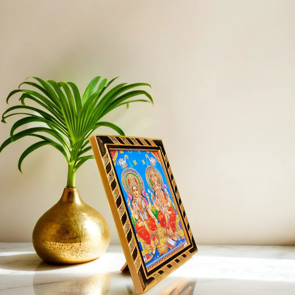 Maa Laxmi Lord Ganesha Jari-Coated Photo Frame, Idol for Navratri, Diwali, Dhanteras, Daily Pooja (16x21 cm) (Blue)