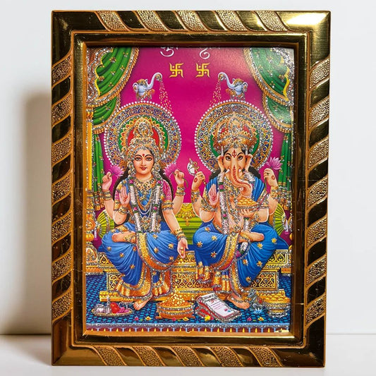 Divine Laxmi Ganesh Acrylic Jari-Coated Photo Frame | Idol for Navratri, Diwali, Dhanteras, Daily Pooja (16x21 cm) (Pink)