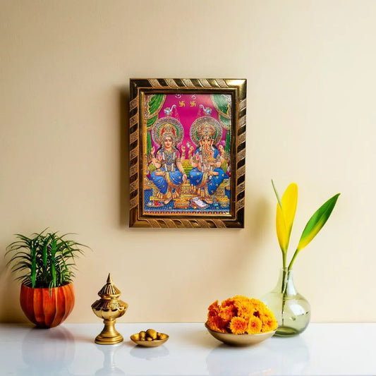 Divine Laxmi Ganesh Acrylic Jari-Coated Photo Frame | Idol for Navratri, Diwali, Dhanteras, Daily Pooja (16x21 cm) (Pink)