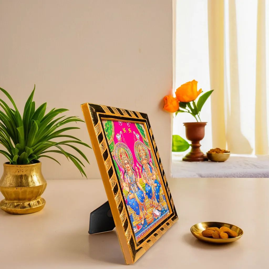 Divine Laxmi Ganesh Acrylic Jari-Coated Photo Frame | Idol for Navratri, Diwali, Dhanteras, Daily Pooja (16x21 cm) (Pink)