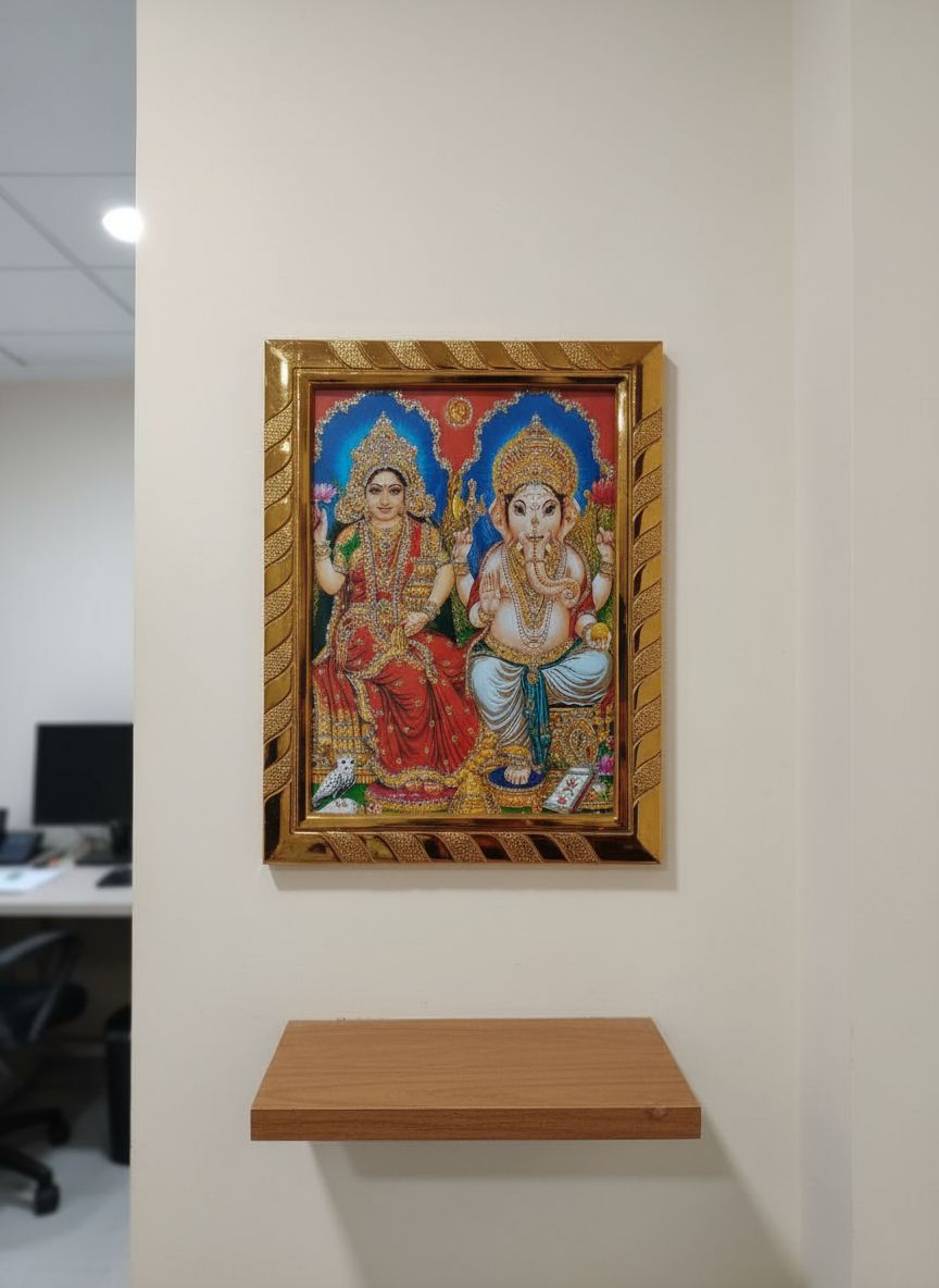Maa Lakshmi & Lord Ganesha Jari Coated Religious Photo Frame, Idol for Navratri, Diwali, Dhanteras, Daily Pooja, Home & Office Temple (16x21 cm)