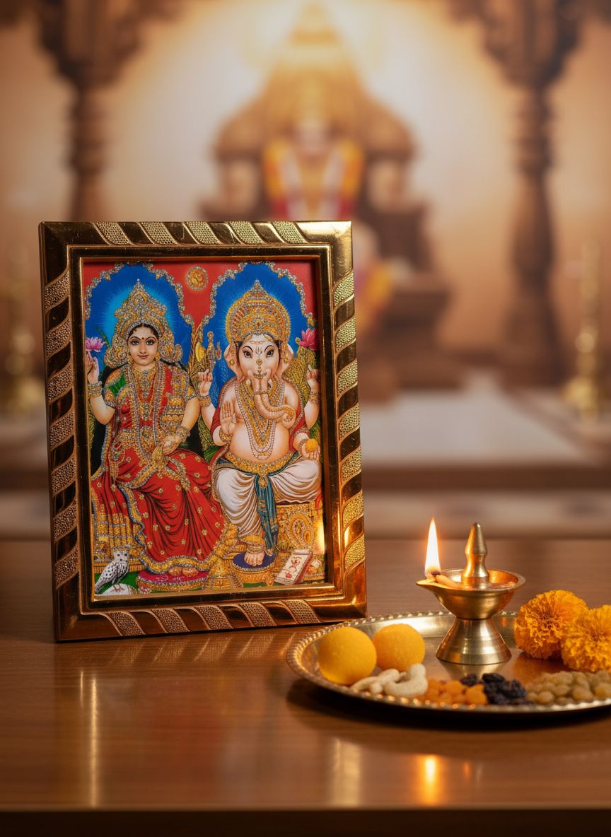 Maa Lakshmi & Lord Ganesha Jari Coated Religious Photo Frame | Idol for Home Temple, Office, Pooja Room, Dhanteras, Diwali & Laxmi Poojan | Festive Decorative Item | Gold (20x16 cm)