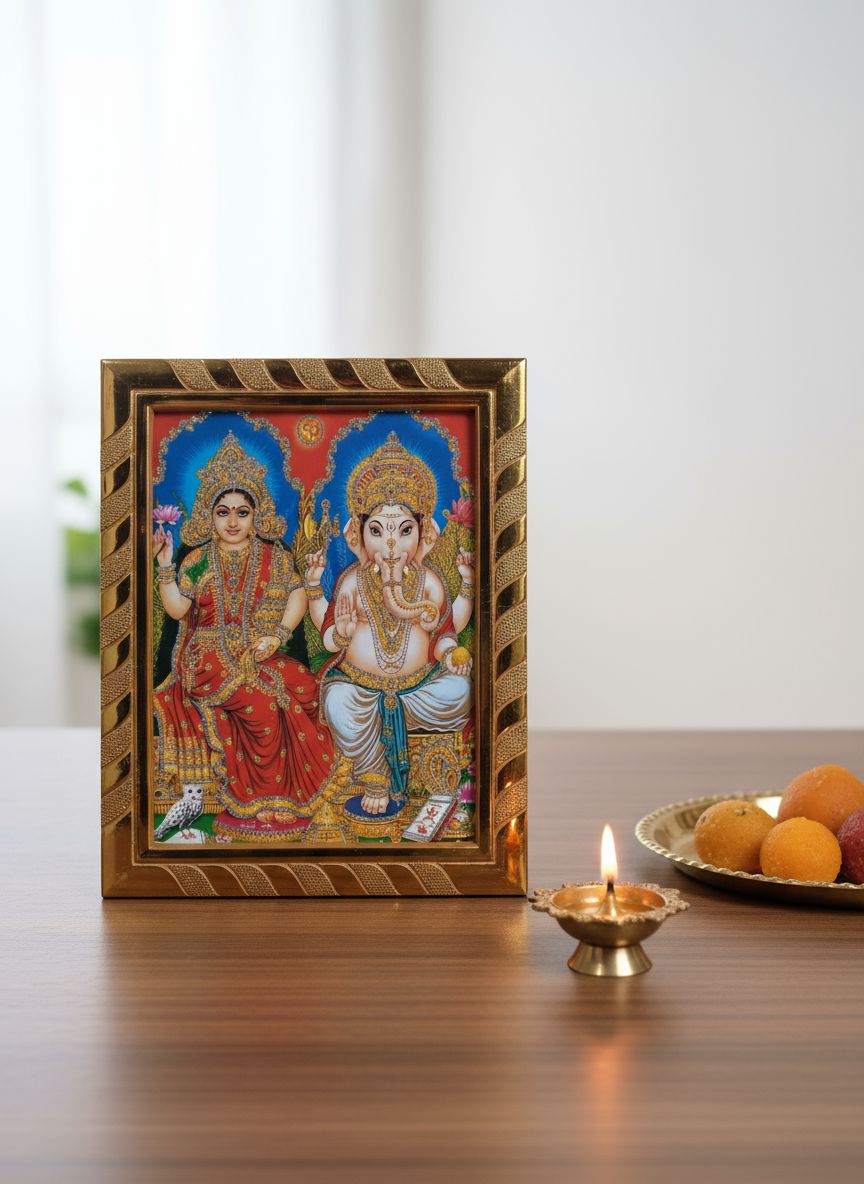 Maa Lakshmi & Lord Ganesha Jari Coated Religious Photo Frame | Idol for Home Temple, Office, Pooja Room, Dhanteras, Diwali & Laxmi Poojan | Festive Decorative Item | Gold (20x16 cm)