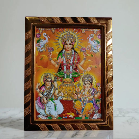 Goddess Laxmi Lord Ganesha with Maa Saraswati Photo Frame, Idol for Home Temple, Daily Pooja, Dhanteras, Diwali (20x16 cm)