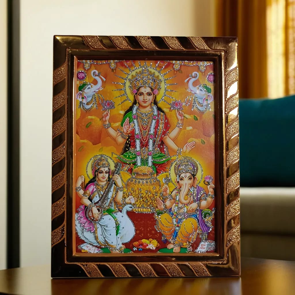 Laxmi Ji Ganesh Ji Maa Saraswati Jari Coated Religious Photo Frame | Idol for Home Temple, Office, Daily Pooja, Dhanteras, Diwali Decoration | Traditional Gift Items | Gold (20x16 cm)