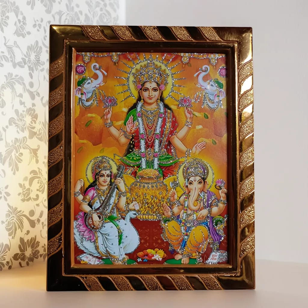 Laxmi Ji Ganesh Ji Maa Saraswati Jari Coated Religious Photo Frame | Idol for Home Temple, Office, Daily Pooja, Dhanteras, Diwali Decoration | Traditional Gift Items | Gold (20x16 cm)