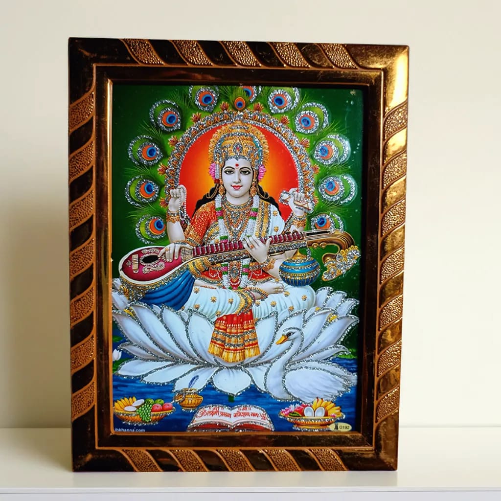 Maa Saraswati Jari-Coated Religious Photo Frame for Daily Pooja, Study Room, Vasant Panchami, Saraswati Pooja, Home Temple & Festive Gifting (20x16 cm)