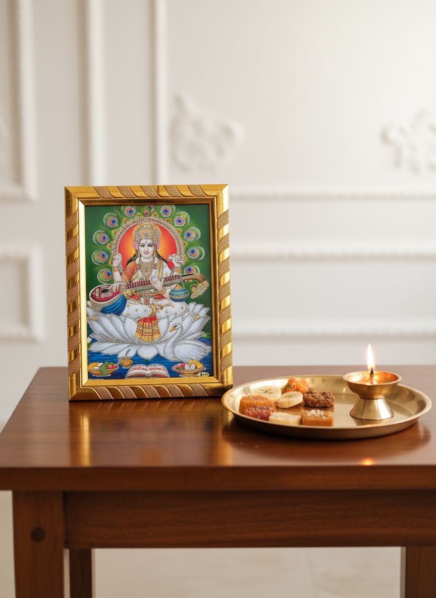 Maa Saraswati Jari-Coated Religious Photo Frame for Daily Pooja, Study Room, Vasant Panchami, Saraswati Pooja, Home Temple & Festive Gifting (20x16 cm)