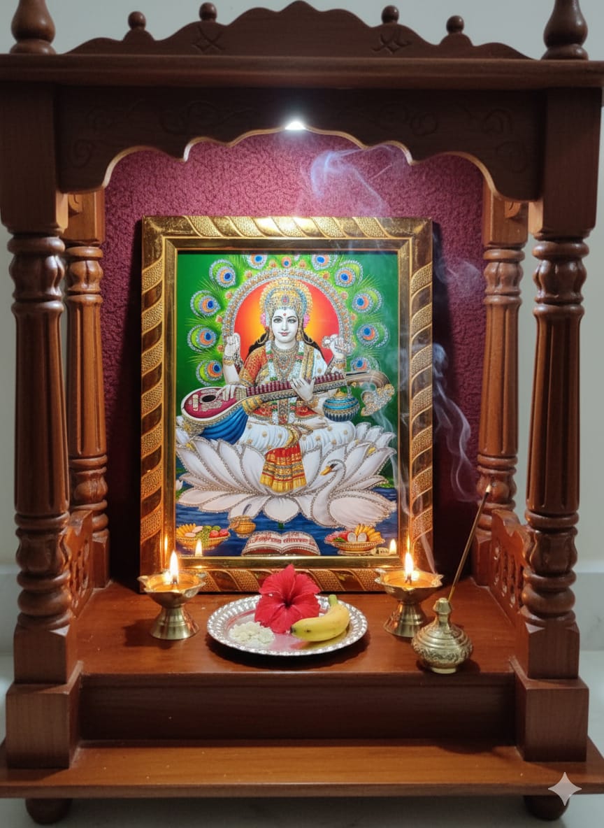 Maa Saraswati Jari-Coated Religious Photo Frame for Daily Pooja, Study Room, Vasant Panchami, Saraswati Pooja, Home Temple & Festive Gifting (20x16 cm)