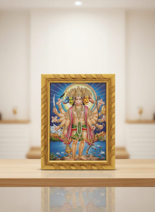 Panchmukhi Hanuman Ji Jari-Coated Photo Frame, Five Faced Hanuman Ji, Ideal for Diwali, Ram Navami, Hanuman Jayanti & Daily Pooja