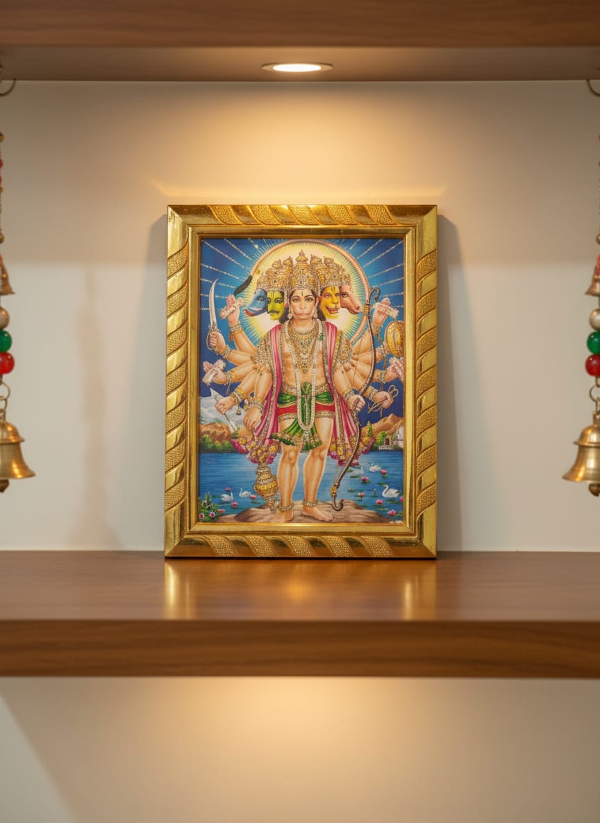 Panchmukhi Hanuman Ji Jari-Coated Photo Frame, Five Faced Hanuman Ji, Ideal for Diwali, Ram Navami, Hanuman Jayanti & Daily Pooja