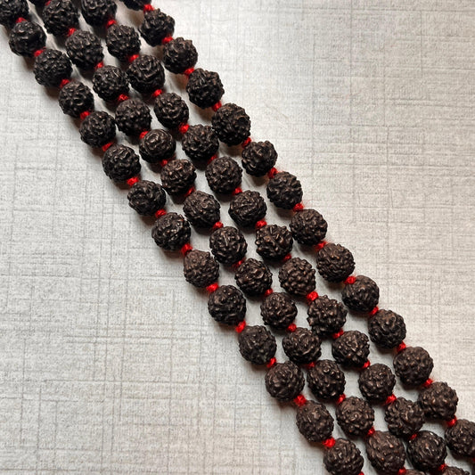 5 Mukhi Rudraksha Jaap & Wearing Mala | 108 Beads, 7mm, Black Colour with Red Tassel