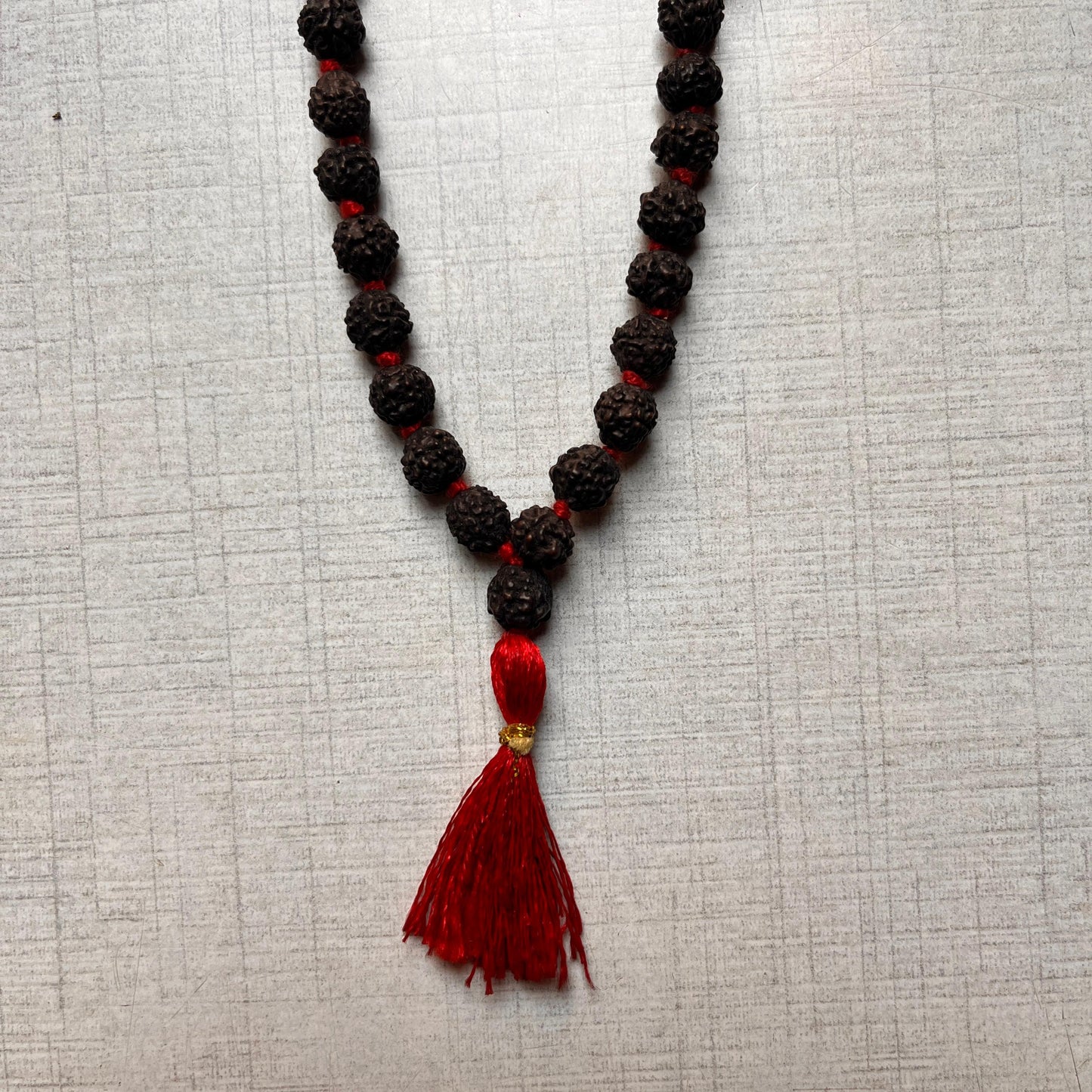 5 Mukhi Rudraksha Jaap & Wearing Mala | 108 Beads, 7mm, Black Colour with Red Tassel