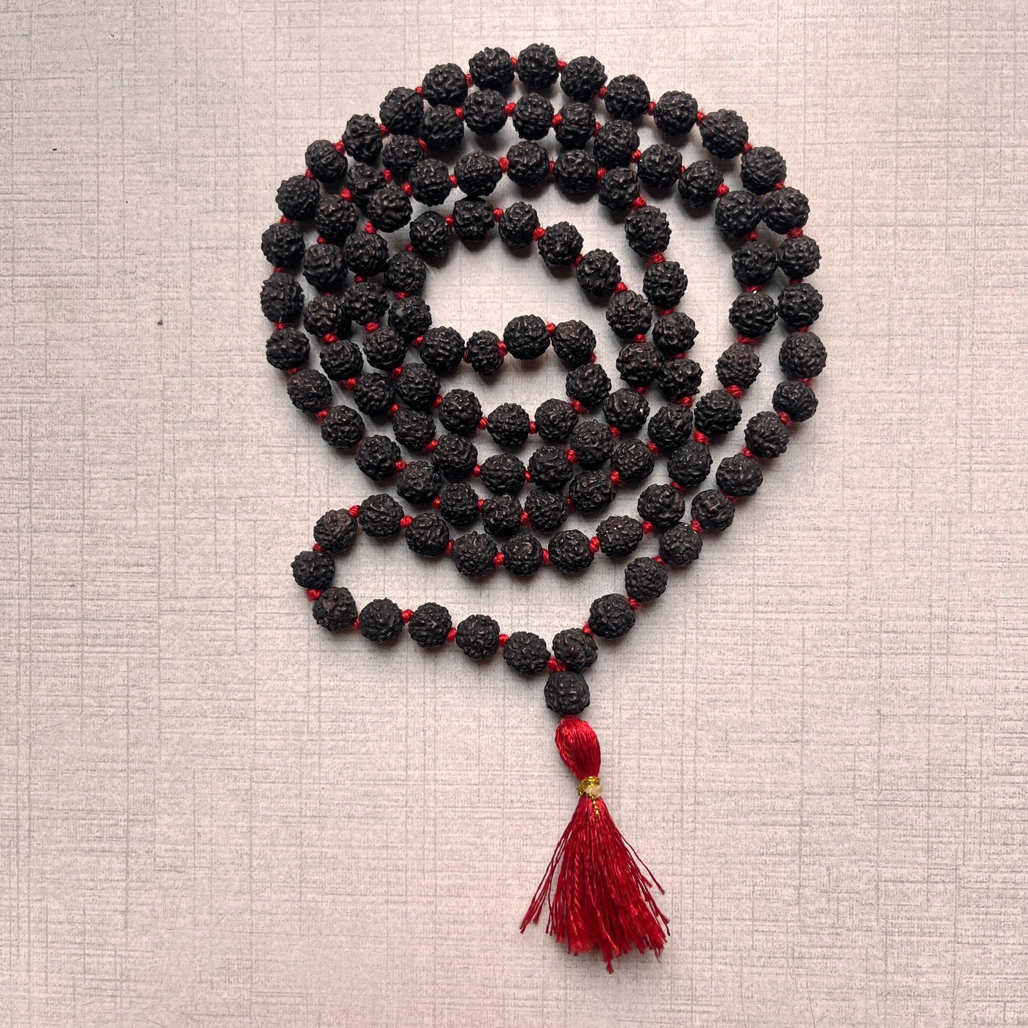 5 Mukhi Rudraksha Jaap & Wearing Mala | 108 Beads, 7mm, Black Colour with Red Tassel