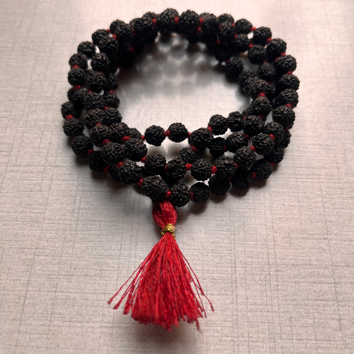 5 Mukhi Rudraksha Jaap & Wearing Mala | 108 Beads, 7mm, Black Colour with Red Tassel