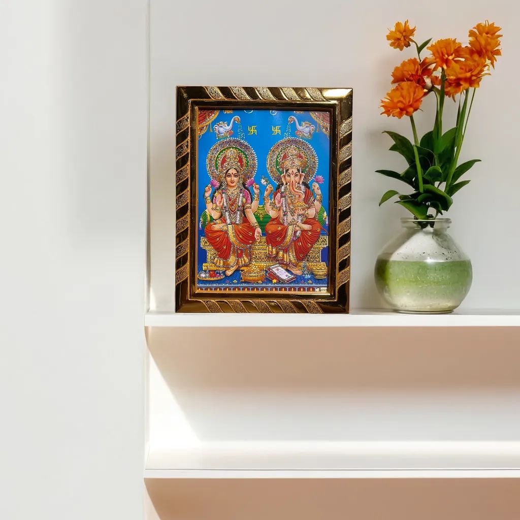 Maa Laxmi Lord Ganesha Jari-Coated Photo Frame, Idol for Navratri, Diwali, Dhanteras, Daily Pooja (16x21 cm) (Blue)