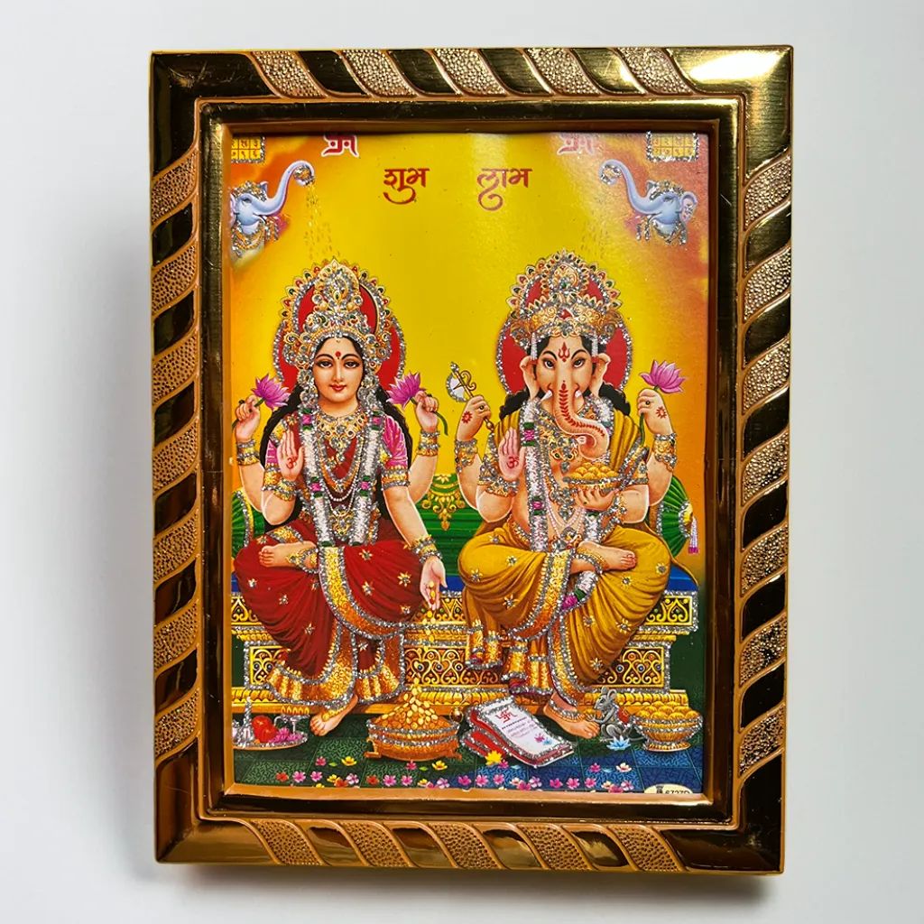 Divine Laxmi Ganesh Jari-Coated Photo Frame, Idol for Navratri, Diwali, Dhanteras, Daily Pooja, Home & Office Temple (16x21 cm) (Yellow)
