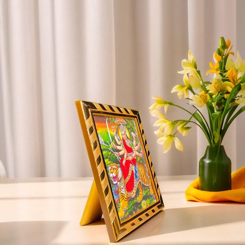 Durga Mata Photo Frame | Sherawali Photo Frame | Mata Rani Photo for Daily Pooja, Navratri, Diwali & Dhanteras | Golden Border (21x16 cm)