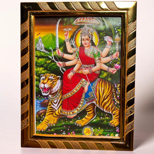 Durga Mata Photo Frame | Sherawali Photo Frame | Mata Rani Photo for Daily Pooja, Navratri, Diwali & Dhanteras | Golden Border (21x16 cm)