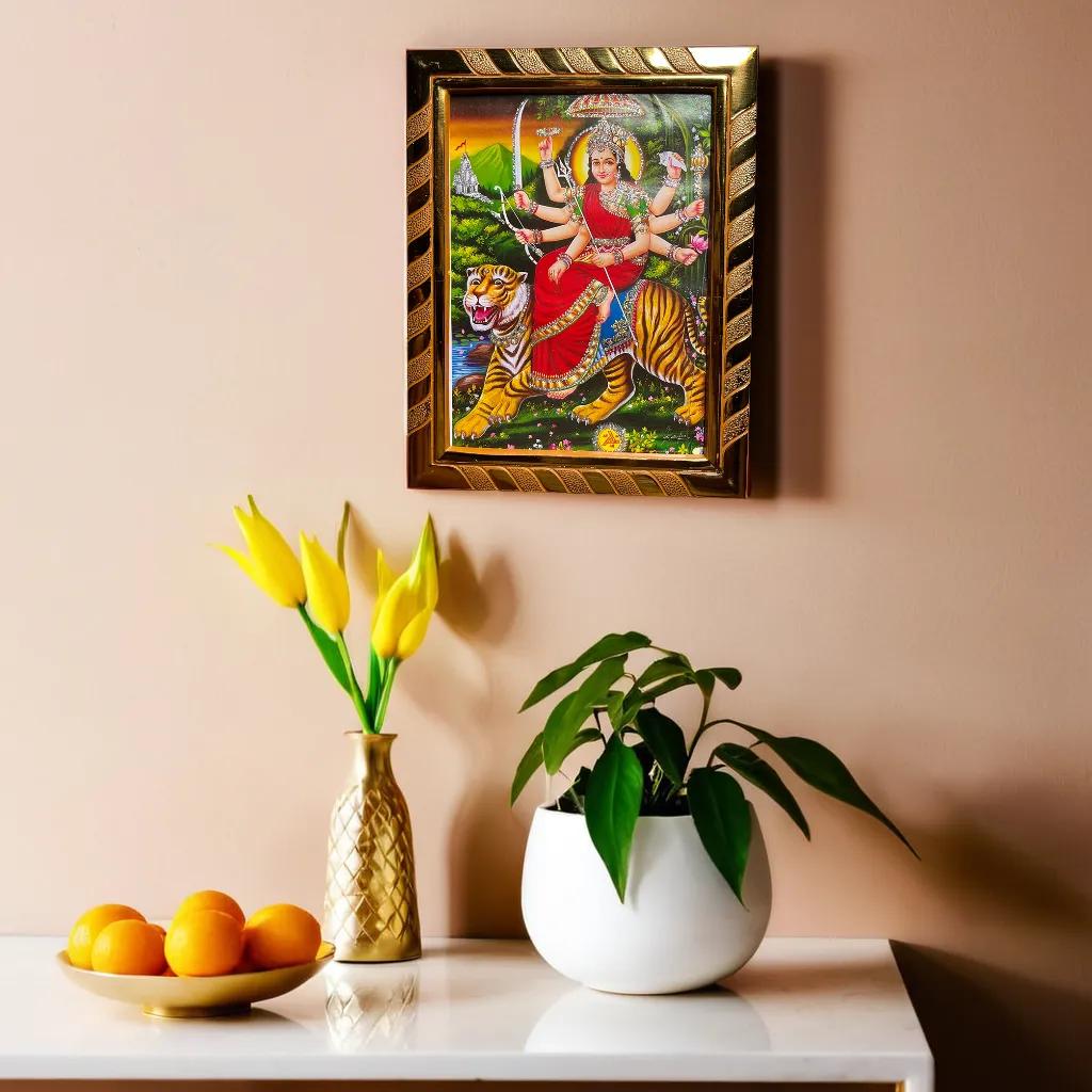 Durga Mata Photo Frame | Sherawali Photo Frame | Mata Rani Photo for Daily Pooja, Navratri, Diwali & Dhanteras | Golden Border (21x16 cm)