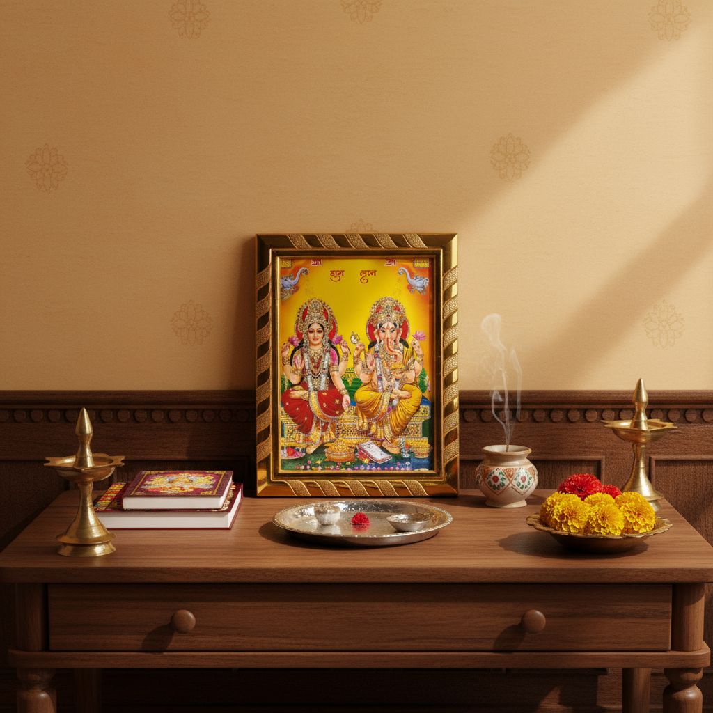 Divine Laxmi Ganesh Jari-Coated Photo Frame, Idol for Navratri, Diwali, Dhanteras, Daily Pooja, Home & Office Temple (16x21 cm) (Yellow)