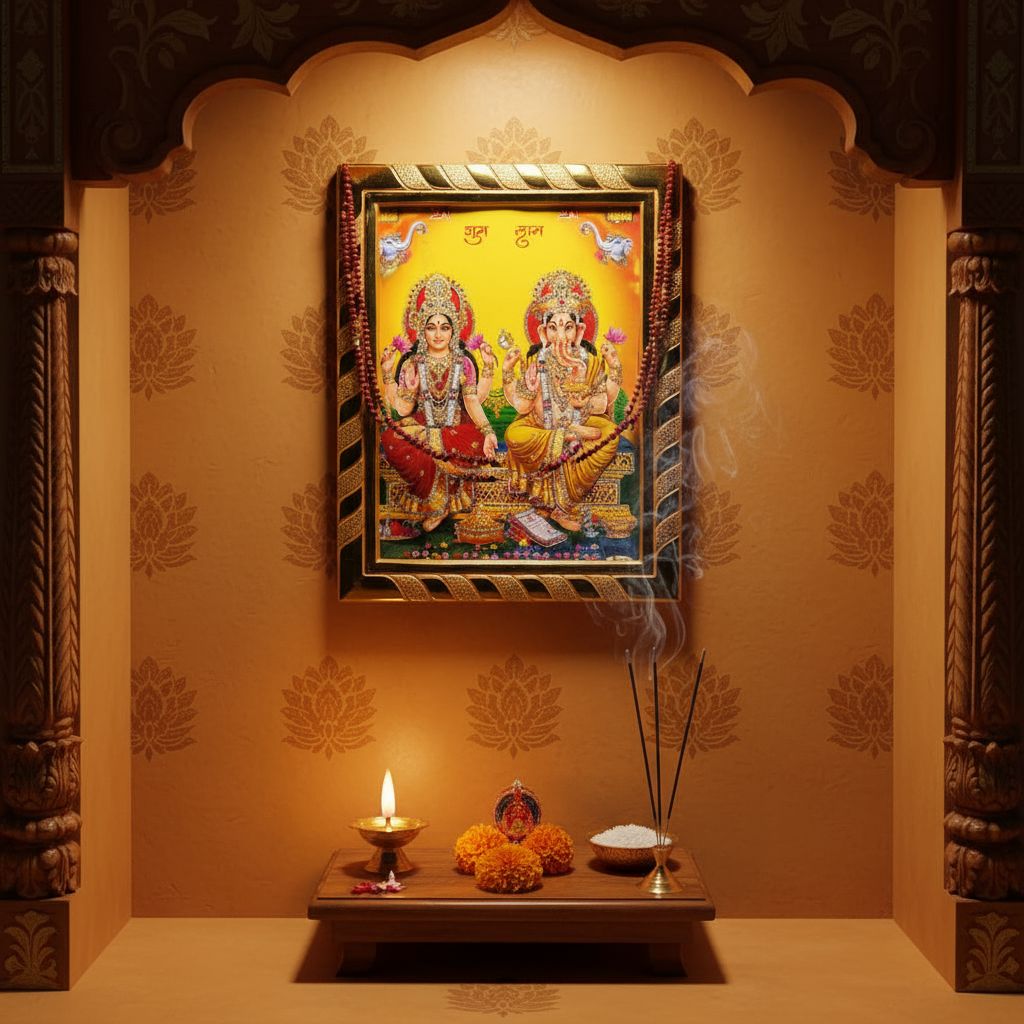 Divine Laxmi Ganesh Jari-Coated Photo Frame, Idol for Navratri, Diwali, Dhanteras, Daily Pooja, Home & Office Temple (16x21 cm) (Yellow)