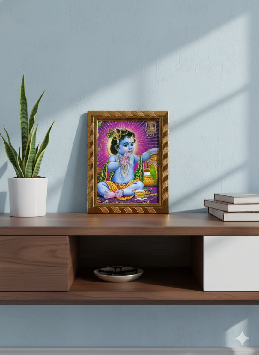 Little Krishna, Makhan Chor, Baal Gopal Ji Photo Frame |  Kanha Ji Picture for Living Room, Pooja Room, Janmashtami, Daily Pooja (21H x16L cm)