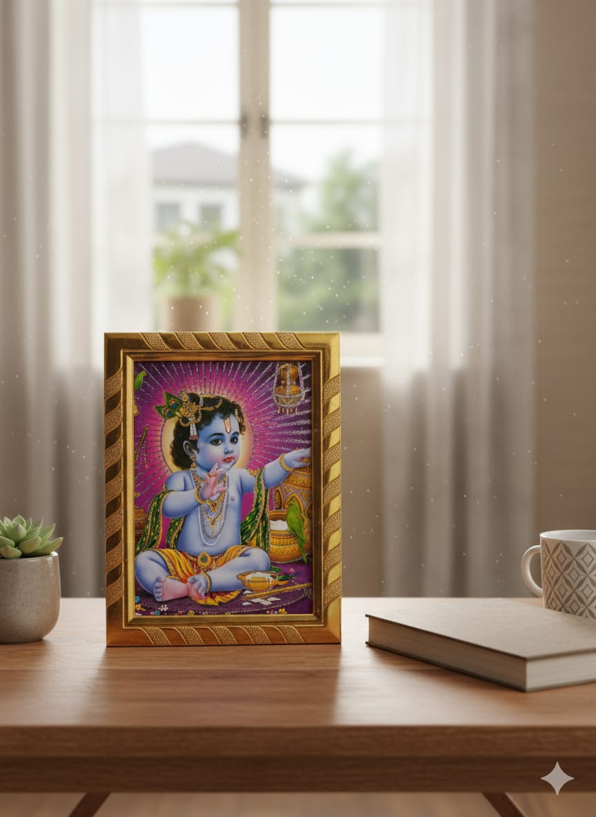 Little Krishna, Makhan Chor, Baal Gopal Ji Photo Frame |  Kanha Ji Picture for Living Room, Pooja Room, Janmashtami, Daily Pooja (21H x16L cm)