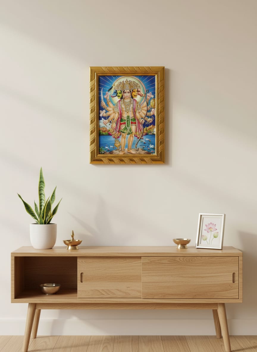 Panchmukhi Hanuman Ji Jari-Coated Photo Frame, Five Faced Hanuman Ji, Ideal for Diwali, Ram Navami, Hanuman Jayanti & Daily Pooja