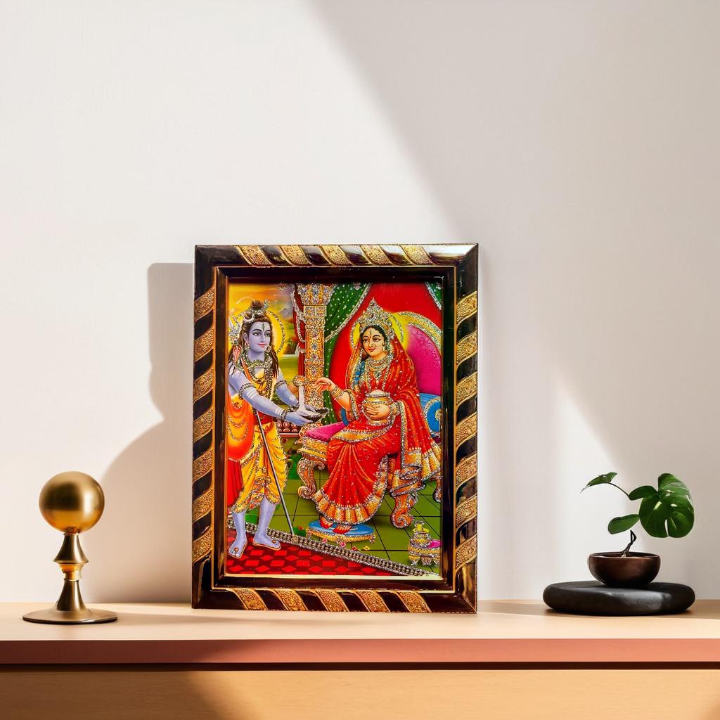 Maa Annapurna & Lord Shiva Jari-Coated Laminated Acrylic Photo Frame, Blessed from Kashi Annapurna Temples, Ideal Spiritual Gift (16 x 21 CM)