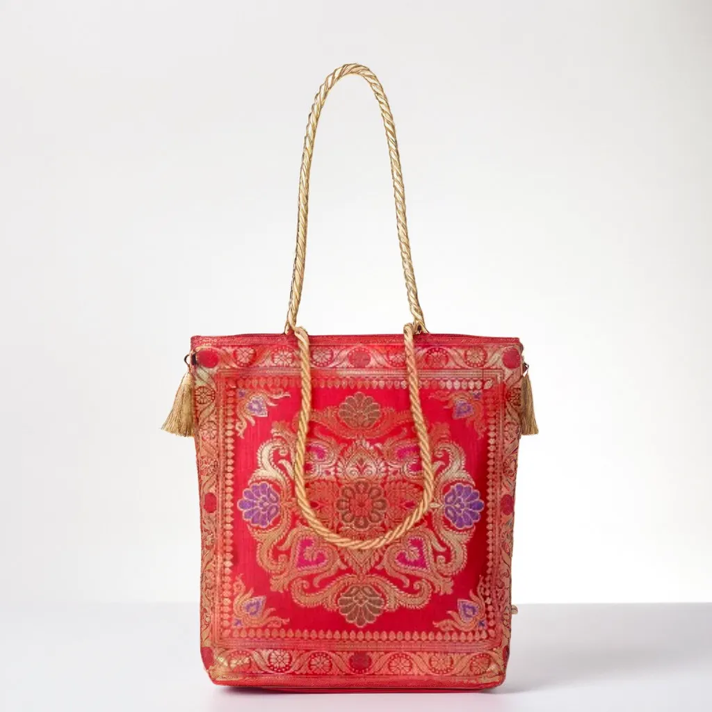 Red Tote Bag | Banarasi Silk Embroidered | Tote Bag for Women | Perfect for Festivals, Office, Shopping, Travel & Grocery | Zipper Closure & Pockets 30x8x30 CM