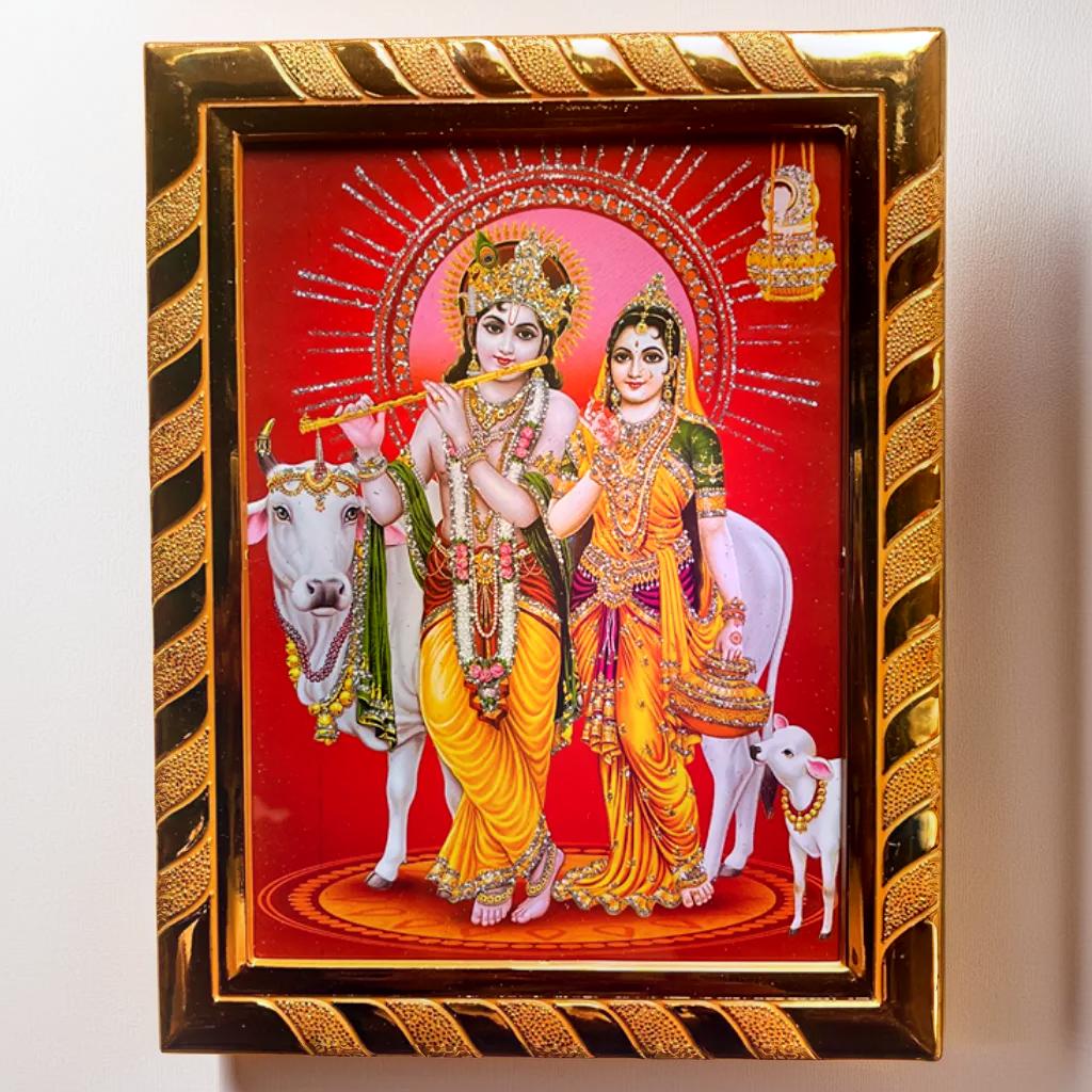 Lord Krishna & Radha Jari-Coated Religious Photo Frame | Symbol of Love & Harmony | Divine Wall Decor for Puja Room & Home (16 x 21) Cm