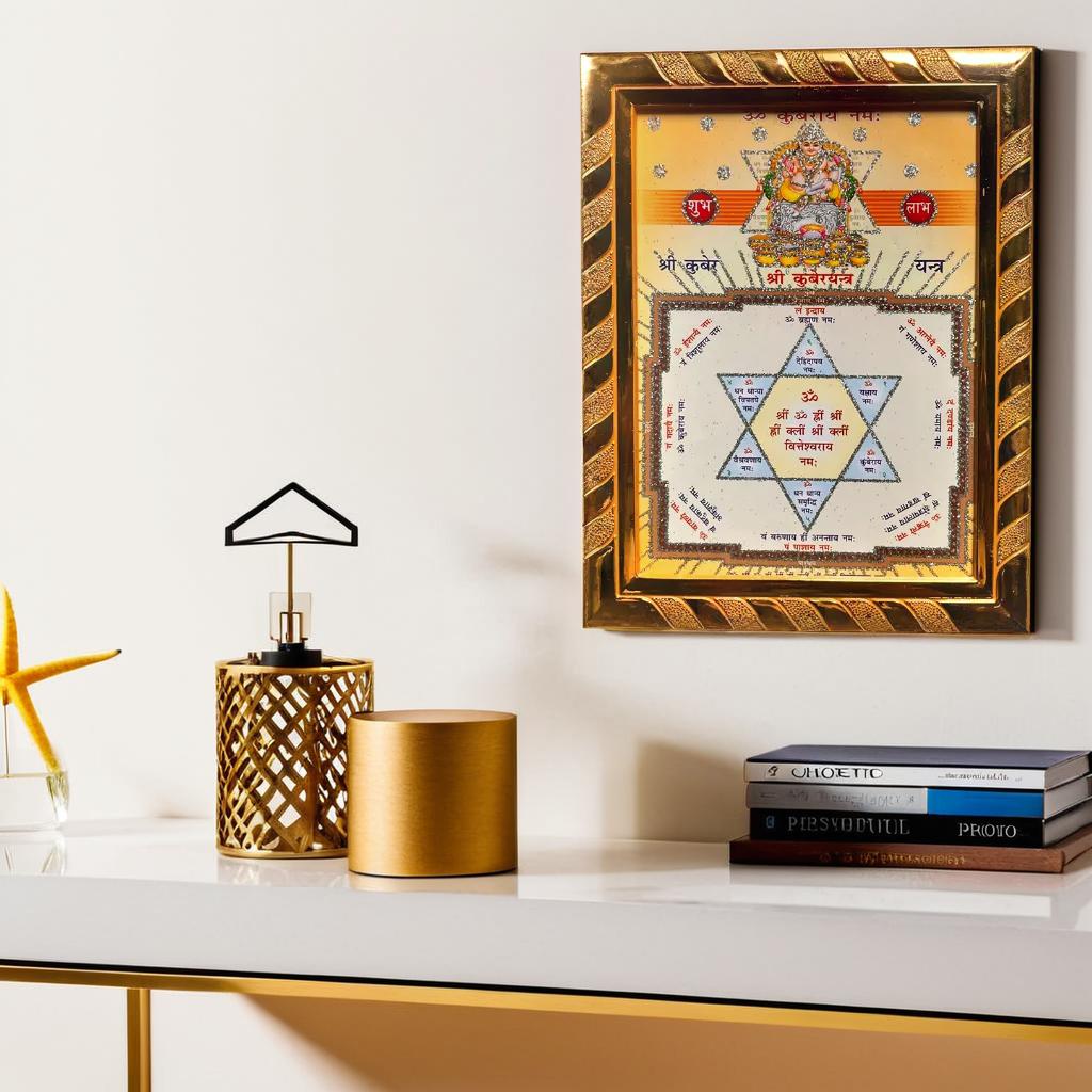 Lord Kuber Yantra Jari-Coated Photo Frame | Hindu Religious Wall Decor, Wealth & Prosperity Yantra for Puja  (16 x 21) Cm