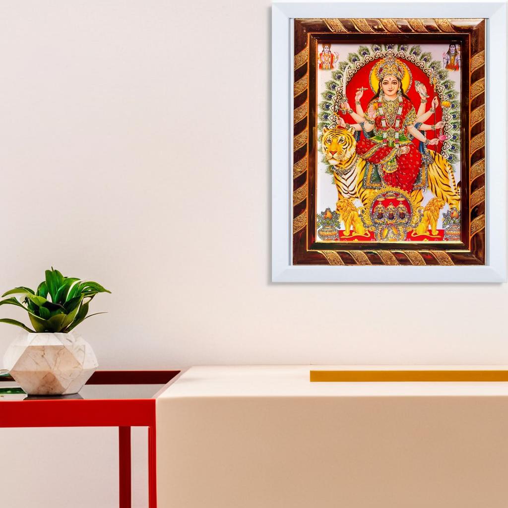 Maa Durga Jari-Coated  Photo Frame | Ideal Spiritual Gift for Home, Religious Wall Decor | Decorative Wall Art for Home Temple | Golden (16 x 21) Cm