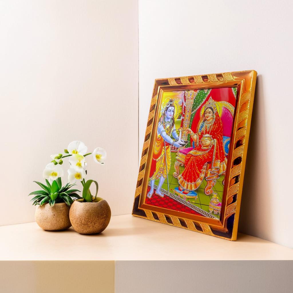 Maa Annapurna & Lord Shiva Jari-Coated Laminated Acrylic Photo Frame, Blessed from Kashi Annapurna Temples, Ideal Spiritual Gift (16 x 21 CM)