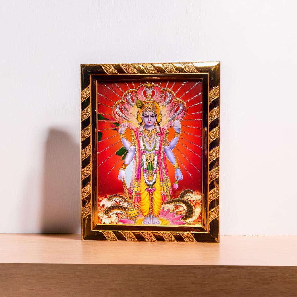 Lord Vishnu Religious Photo Frame | Acrylic Laminated | Wall Art for Puja Room, Home Decor & Office | Ideal Spiritual Gift | Golden Jari-Coated (16 x 21) Cm